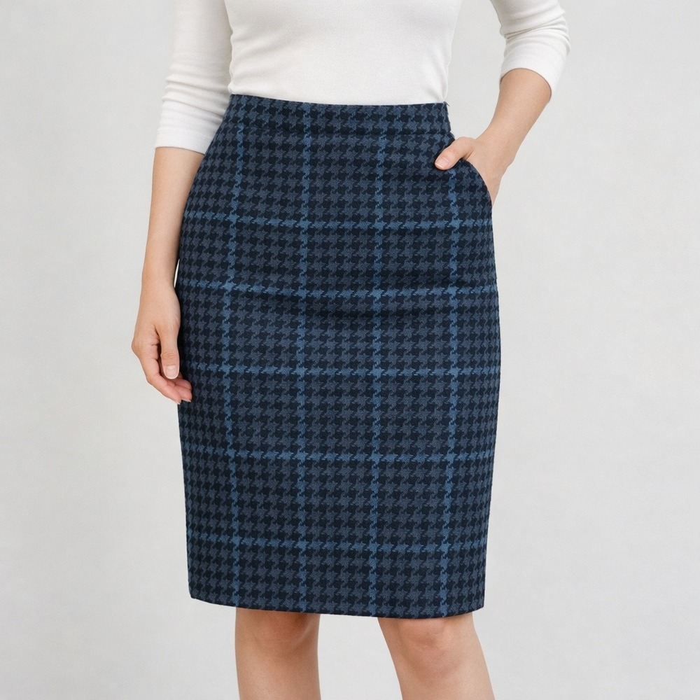 Pure Collection British Tweed Houndstooth Pencil Skirt Navy Teal Plaid Womens 4
